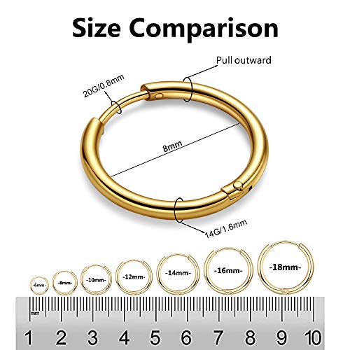 Image of Huggie Hoop Earrings for Women Men - 316L Surgical Stainless Steel 6mm 8mm 10mm Mens Ear Hugging Hoop Earrings for Cartilage Gold Black 20G 18G Hypoallergenic Second Hole Sleeper Hoop Earrings
