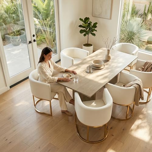 Image of HNY Mid Century Modern Upholstered Barrel Dining Chairs with Arms Set of 2, Leather Kitchen & Dining Room Chairs, 18.5 inch Wide Accent Chairs for Dining Room Living Room with Gold Metal Frame, White