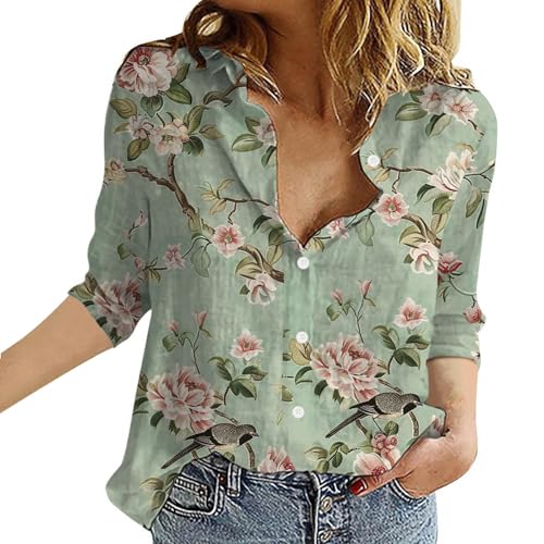 Damlinneskjorta i bomull elegant avslappnad överdimensionerad bomullströjor bekväm kavajkrage lätt modeblus med knappar enfärgad blus arbete vintage andningsbar linneskjorta, W-mintgrön, 4XL