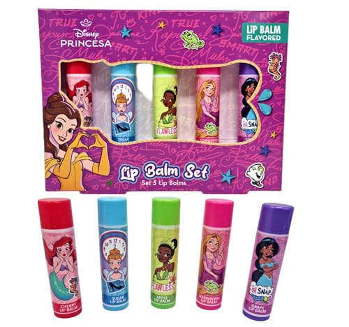 Disney Princess Lip Balm Set – 5 Flavored Lip Balms for Kids – Cherry, Sugar, Apple, Strawberry & Grape – Ariel, Cinderella, Tiana, Rapunzel & Jasmine – Fun Moisturizing Lip Care Gift Set for Girls