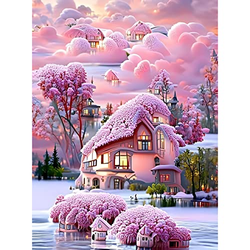 MXJSUA DIY 5D Diamond Painting Kit para Adultos, Paisajes Diamond Painting Kit Completo, Kits de Pintura de Diamantes 5D Paisajes, Casa rosa en el lago 30x40cm para Decoración