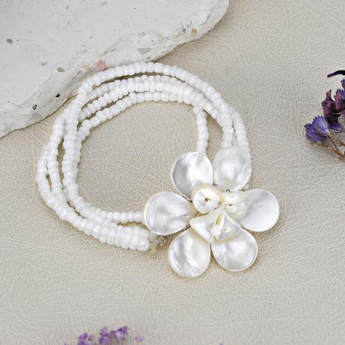 AeraVida Elegant White Ocean Flower Mother of Pearl and Bead Floral Bracelet2
