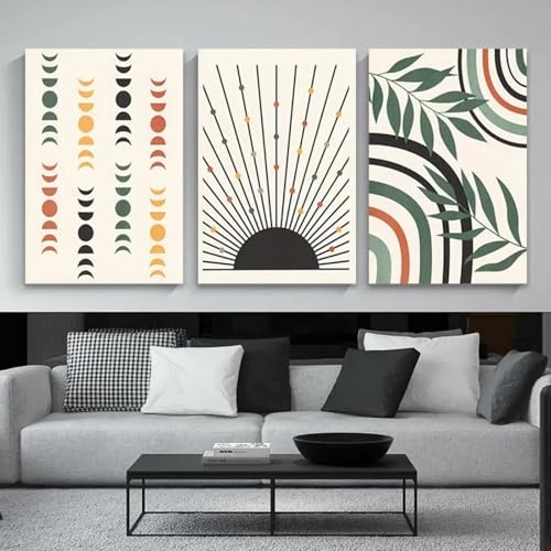 Peinture abstraite soleil lune boho feuilles géométriques salon - 5