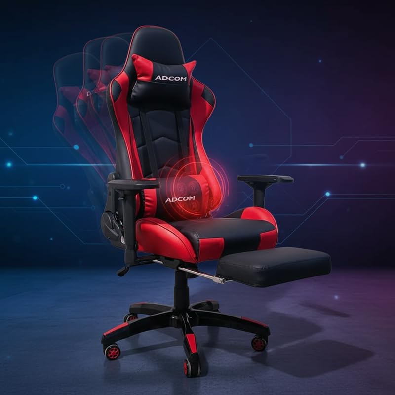Image of Adcom Mutant Pro Adjustable Gaming Chair, PU Leather, 180 Recline, Ergonomic Neck & Lumbar Support, 4D Armrests with Footrest (Black & Red)