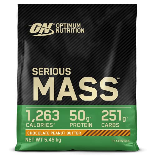 Optimum Nutrition Serious Mass Protein Powder High Calorie Weight Gainer with Vitamins, Minerals, Creatine and Glutamine, Chocolate Peanut Butter Flavour, 16 Servings, 5,45 kg