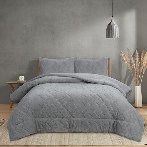 NH NOVOTEXTIL HOGAR Edredón Invierno Sherpa Cama 150 (250x260) Extra Grueso 560gr/m2 Efecto Borreguito - Edredón Suave, Cálido y Transpirable con 2 Fundas Almohada (50x70) (Norwish Gris)