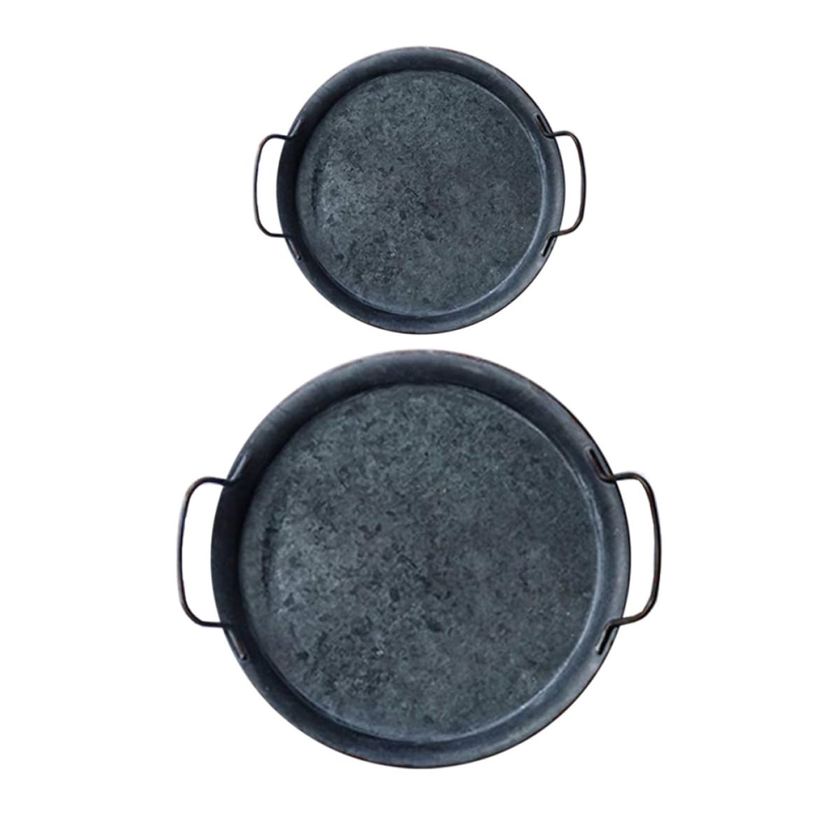 2 Piezas Bandeja Redonda de Hierro Negro con Asa, Estilo Antiguo