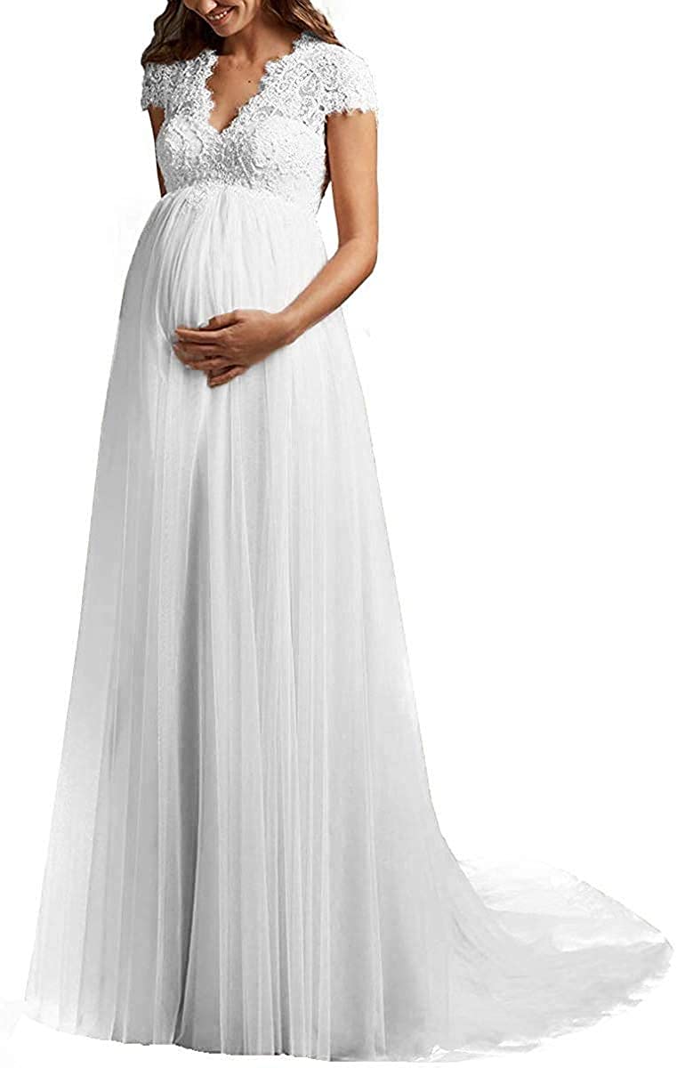 Robe de mariée de grossesse - Col en V - Dentelle - Grandes tailles avec traîne