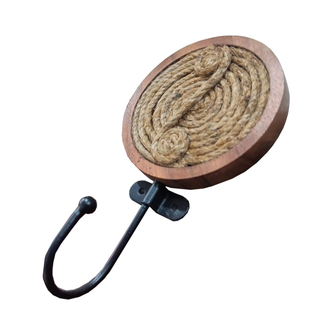 KrishnaPriya Rustic Wall Hook with Round Wooden Base and Jute Rope Inlay, Black Iron Hook, Nautical Style,Pack of 2-image-38