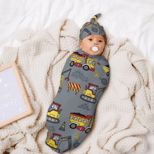 Image of Cute Construction Truck Newborn Swaddling Blanket Beanie Hat Sets Soft Baby Receiving Engineering Vehicle Blanket Soft Sleeping Bag New Born Soft Sleep Sacks for Boys Girls