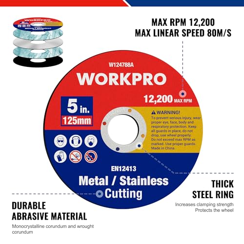 WORKPRO Juego de Discos de Corte, 20 Hojas de Corte de Acero Inoxidable, 125 mm x 1,2 mm x 22 mm, para Metal y INOX, Accesorio de Amoladora Angular - Imagen 3