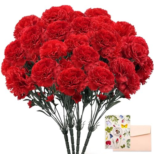 SNAIL GARDEN 4 ramos de 56 cabezas de claveles artificiales, claveles artificiales rojos con 2 tamaños de flores y hojas, clavel de seda para el Día de la Madre, boda, decoración del hogar (28 flores