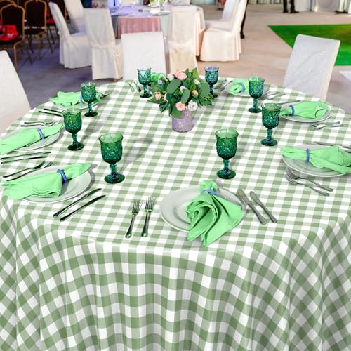 Image of 12 Pack Sage Green Plastic Checkered Tablecloth Round, Premium Decorative Disposable Sage Green Gingham Plaid Table Cloths for Parties, Round Party Table Cover for Baby Shower Picnic Birthday, 84 Inch
