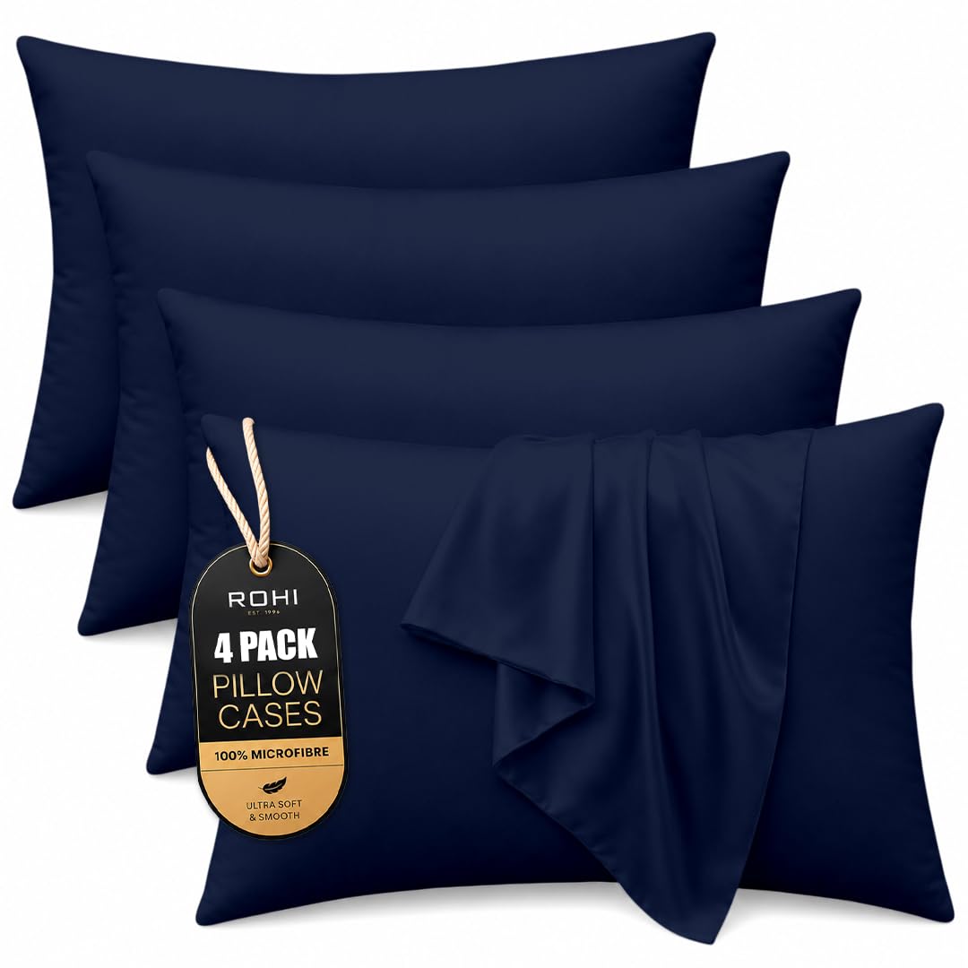 Rohi Microfibre Navy Pillowcases 4 Pack – Soft & Smooth Envelope Closure Pillow Covers – Fade Resistant & Breathable Pillows Cases – Standard Size (50x75 cm)