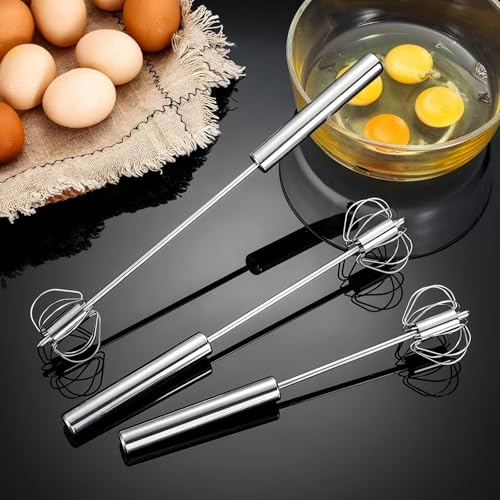 3 Pack Stainless Steel Egg Whisk, Hand Push Rotary Whisk Blender, Versatile Easy Whisk, Hand Push Mixer Stirrer for Beating Eggs, Frothing Milk, Blending, Mixing, Whipping Smoothies & Shakes