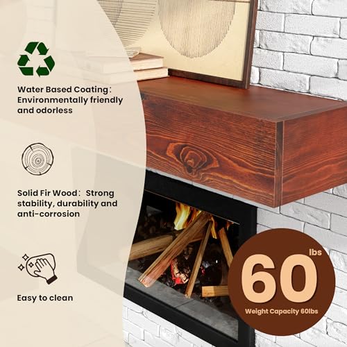 Image of Fireplace Mantel - Floating Mantel Shelf, Wood Mantels for Over Fireplace, Wall-Mounted Mantels, Weight Capacity 60lbs, 60 X 9 X 6 inch, Brown