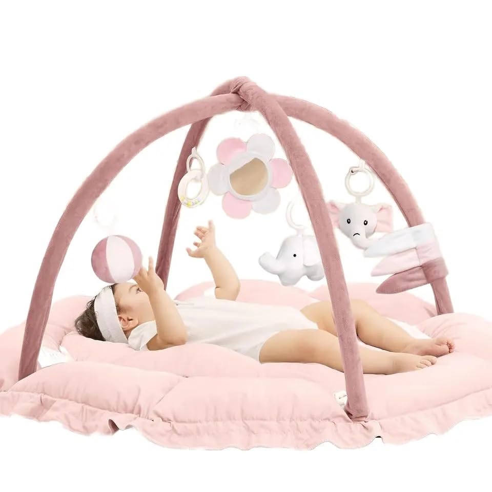 Tapis d’éveil Bébé Rembourré et Réversible – 120x90x73 cm – Tapis de Jeu bébé Matelassé Confortable avec Jouets Sensoriels Inclus (Rose)