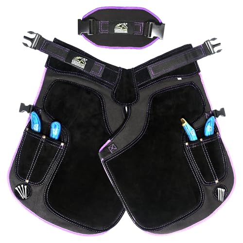 Image of Equine Care Women's Farrier Apron Chaps 23″ - Leather & Canvas, Adjustable 28-52″ Waist, EVA Padded Knees, Lumbar Support, 4 Knife Pockets & Nail Magnets for Hoof Trimming (Black with Purple Piping)