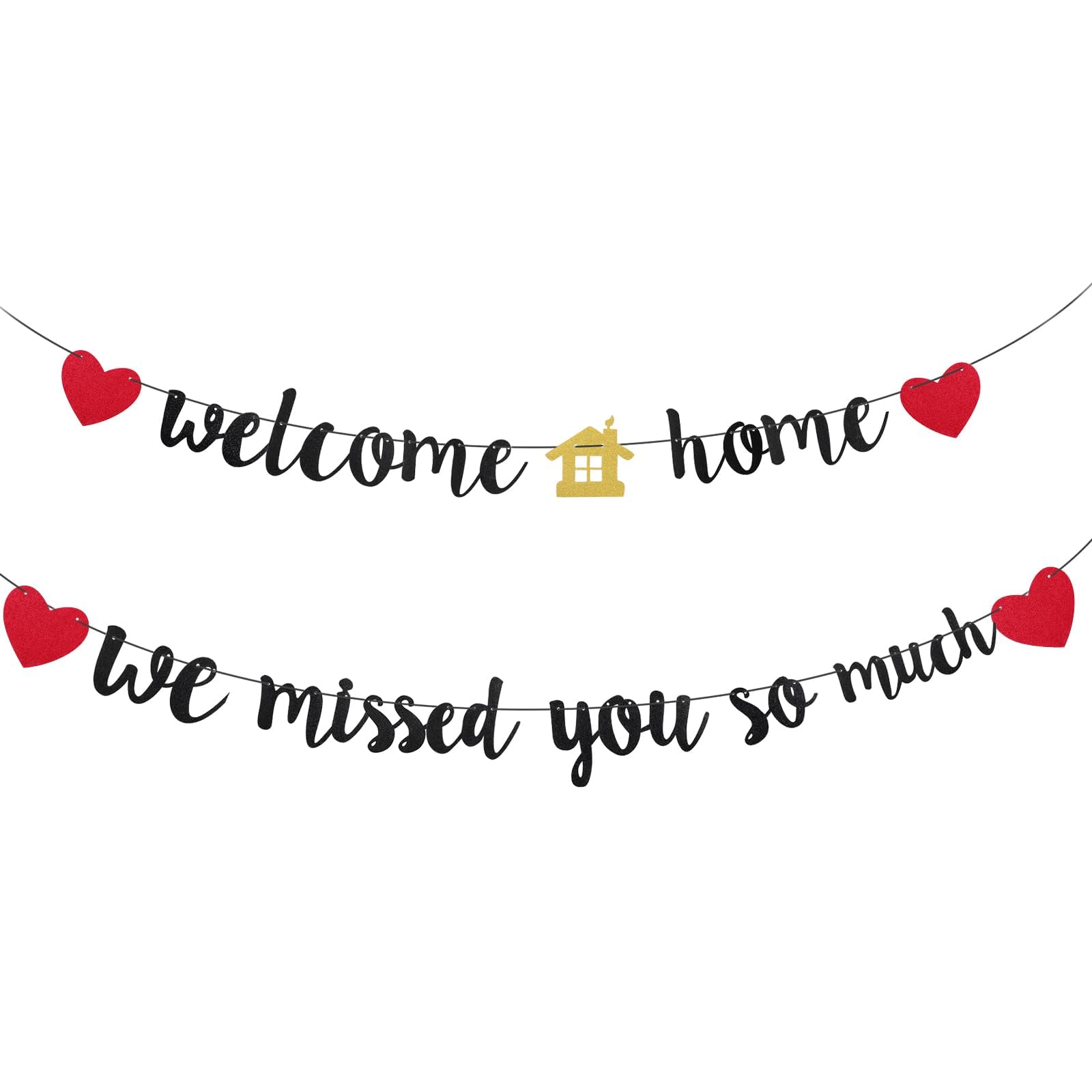 Azonee Pre-Strung Welcome Home Banner with Glitter Hearts - Black Glitter "We Missed You" Banner,Homecoming Decorations for Military, Family Reunion, Housewarming, Wedding,Baby Shower Party Decor