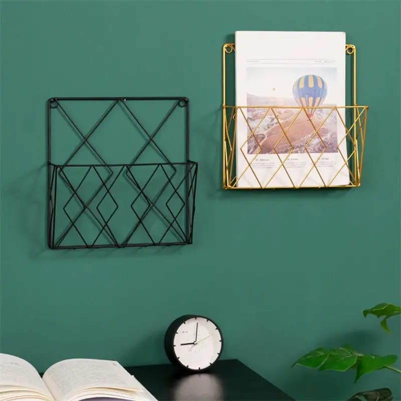 Image of CentraLit 2 Pieces Wall Decor Hanging File Magazine Holder with Hooks - Magazine Newspaper Rack Black Gold Combo File Storage Rack for Office - Home Decor Wall Art Display Rack for Organisation