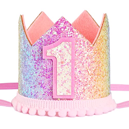 BoKin Rainbow Gradient 1st Birthday Crown, Baby's First Birthday Photo Props and Party Decorations for Girls