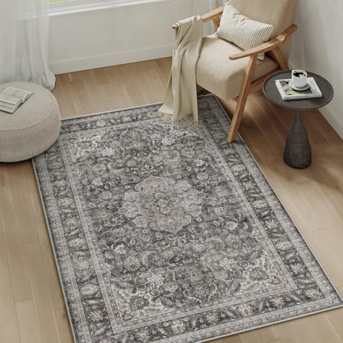3x5 Washable Black Grey Vintage Area Rug for Entryway Non-Slip Low Pile Carpet Traditional Retro Distressed Accent Vacuumable Door Mat Small Throw Rug for Entrance Bathroom