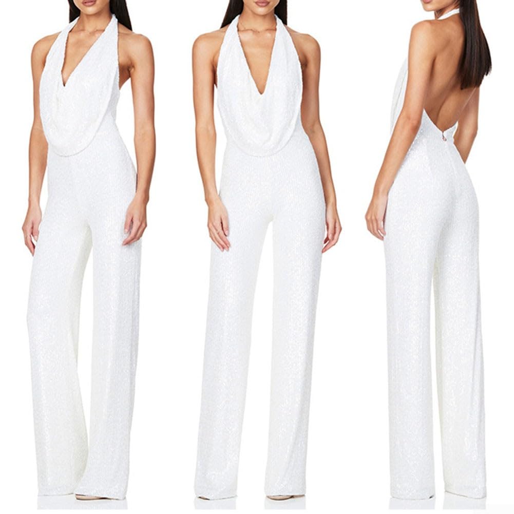 Combinaison Paillettes Femme Élégante - Jambes Larges, Ceinture Amovible, Col Rond Sans Manches - Idéale Cocktail Et Soirée Festive