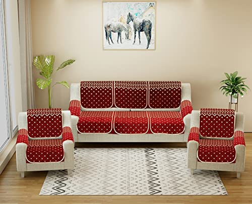 Image of Premium 5 Seater Printed Sofa Cover Set 3,1,1 Seater 10 Pieces Sofa Back Slip Panels, Protector for Single Seater (Maroon, 3+1+1 with Arm Covers)