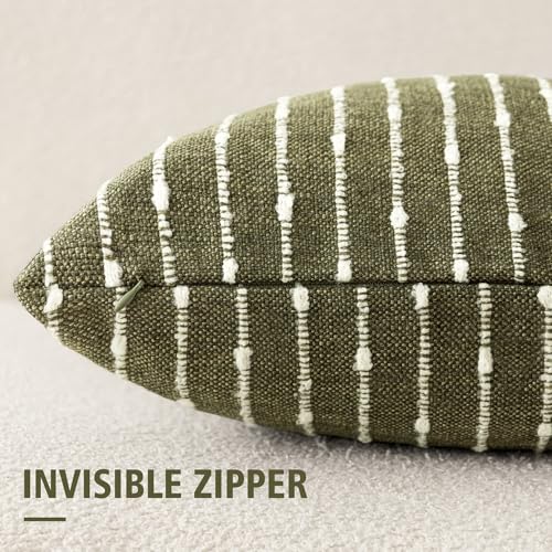 Image of Foindtower Pack of 2 Decorative Jacquard Boucle Throw Pillow Covers Accent Textured Striped Pillowcases Cozy Modern Cushion for Couch Sofa Bedroom Living Room Home Decor 18x18 Inch Olive Green