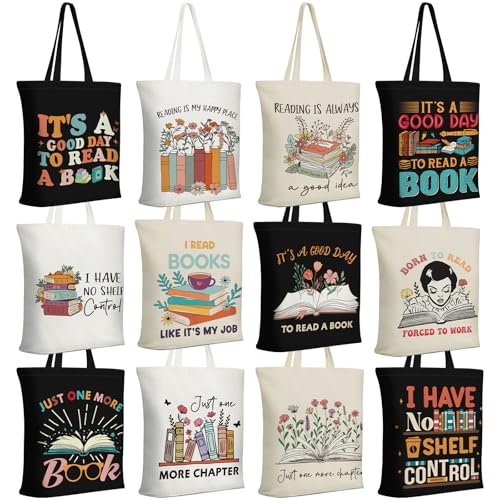 Sunnymove 12 Pcs Book Lover Gifts Canvas Tote Bag with Pocket for Women Reading Tote Bag Gift for...