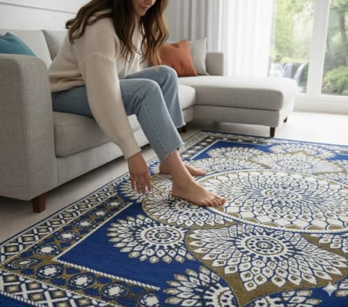 Image of Traditional Cotton Carpet 5x7 Feet Soft & Superfine Velvet Rug for Living Room, Hall & Bedroom | Designer Carpet /Area Rug Dari | Trendy & Durable Kalin Reactangular (Blue)