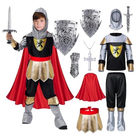 TOLOYE Disfraz Caballero Medieval Niño, Disfraz Romano Niño con Casco Espada Escudo Capa, Regalo para Niño, Disfraz Medieval Traje Medieval para Carnevale Cosplay Halloween Navidad Cumpleaños (M)