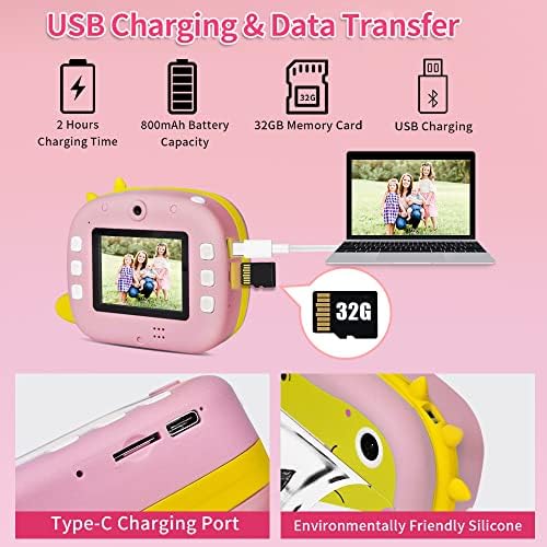 Instant Print Camera for Kids Digital Camera, Connect App via WiFi 1080P Rechargeable Dual Lens 2.4" Screen 4 Photo Stickers + 32G TF Card + Color Pencils + 3 Rolls Print Papers for Boys Girls (Pink)
