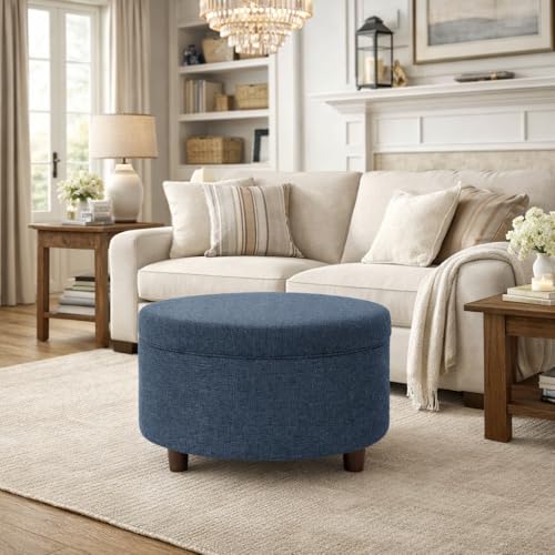 Image of HomePop 28 inch Round Storage Ottoman - Textured Navy