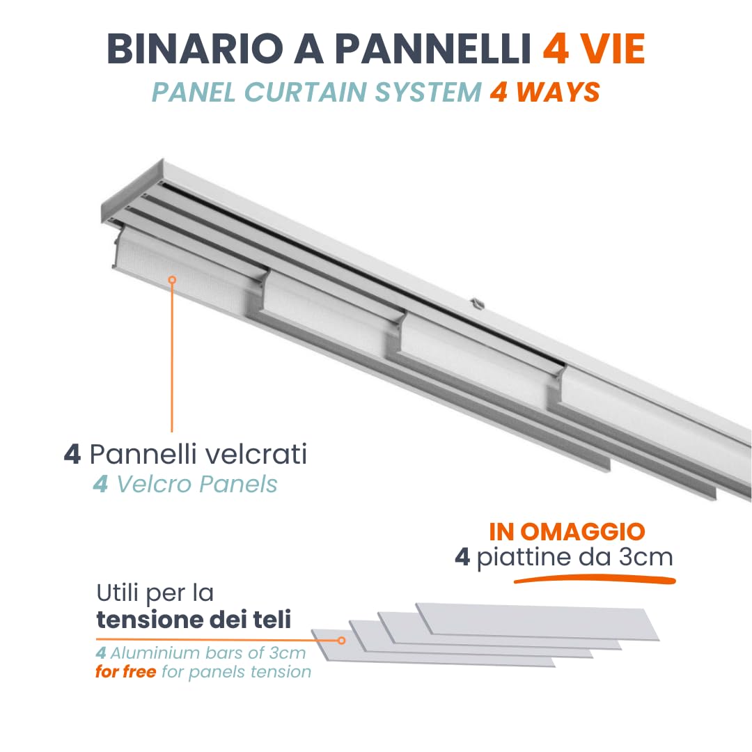 TENDAGGIMANIA Tringle à rideaux Panneaux japonais 4 voies L.250 cm avec Jonction centrale - Rail à rideaux corde/manuel pour plafond/mur