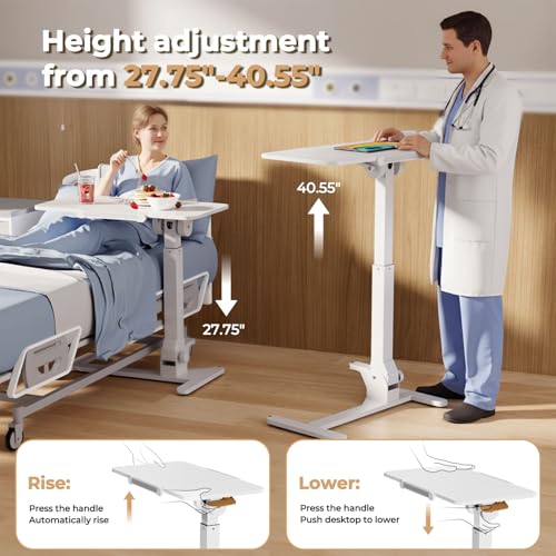 Image of JOY worker Foldable Overbed Bedside Table, 180 Tiltable Mobile Standing Desk with Wheels, 31.5 inch Pneumatic Height Adjustable Rolling Laptop Desk for Home & Hospital Use, Easy Storage, White