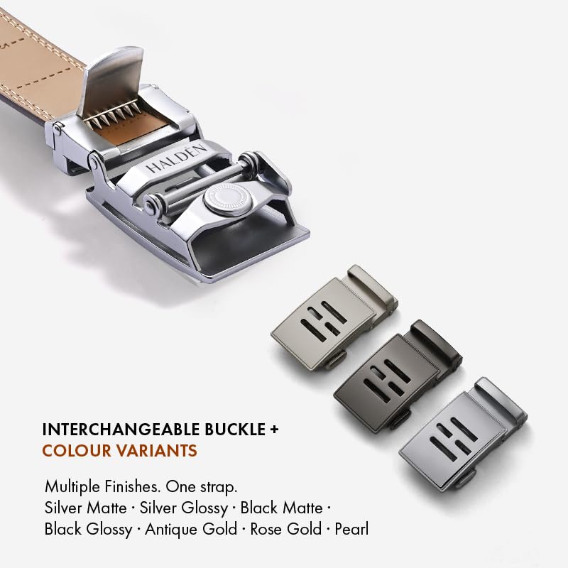 Image of HALDEN BURLEY Belts For Men Leather Original (Free Size Fits Up to 44 Inch Waist) Ratchet Straps, Unique Magnetic Auto-lock Buckle Belt For Man