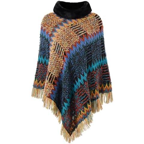 Ferand Women's Cozy Boho Turtleneck Poncho Sweater with Fringe Stylish Chevron Design for Winter, Yellow Cover