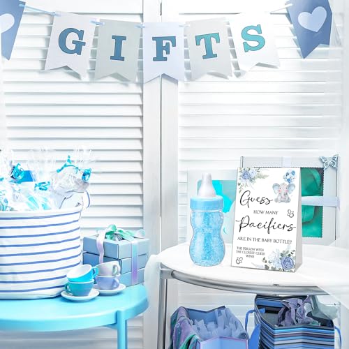 Image of Roowest 512 Pcs Baby Shower Games Guess How Many Pacifiers Sign 100 Small Guessing Games 10 HB Pencils 750ml Milk Bottle 400 Acrylic Pacifiers Decoration for Guest Gender Reveal(Blue,Elephant)
