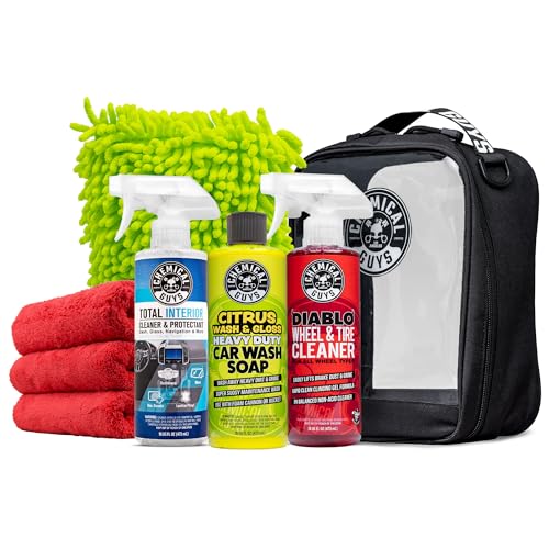 Image of Chemical Guys Car Wash And Interior Detailing Kit With Storage Bag Car Wash Soap, Wheel Cleaner, Interior Spray, Microfiber Towels And Wash Mitt