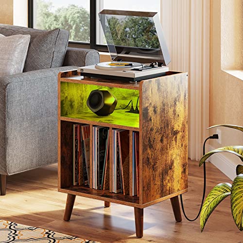 Rolanstar End Table With Charging Station, Record Player Stand With Led Lights, Nightstand With Storage Shelf, Mid-Century Record Storage, For Living Room,Bedroom - Rustic Brown #TOP1
