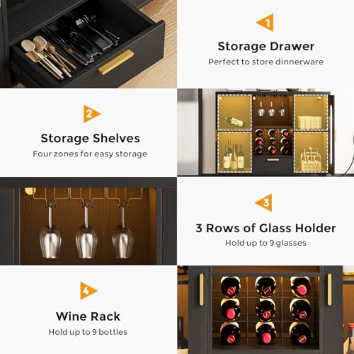 Bar Cabinet with Power Outlets, Modern Coffee Bar Sideboard with LED Light, Farmhouse Liquor Cabinet with Wine Rack, Glass Holder & Wine Storage, Black - Image 6
