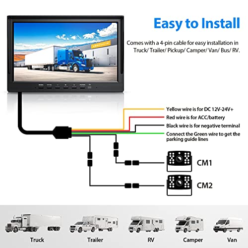Image of ZEROXCLUB 10 inch HD Backup Camera System Kit, Loop Recording Large Monitor with Wired Rear View Camera, IR Night Vision Waterproof Camera with Safe Parking Lines for Bus, Semi-Truck, Trailer, RV, BY102A