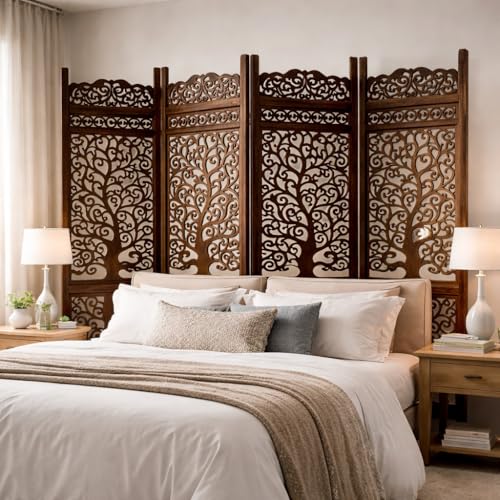 Image of Wooden Handcrafted Wooden Partition for Room Carved Premium Carved Wooden Partition Screen for Bedroom /Living Room /Home /Office (6 Feet 4 Panel New Tree Design) (6 Feet 4 Panel Brown)