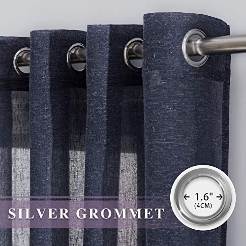 NICETOWN Linen Sheer Curtains for Bedroom Window, Grommet Semi Sheer Linen Curtain Panels Vintage Natural Wave Privacy Flax Draperies for Hall/Villa, Navy Blue, W52 x L84, Set of 2