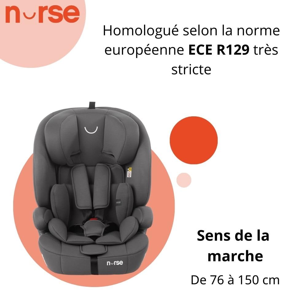 Nurse by Jané Grip Siège Auto i-Size 76–150 cm, 2–12 Ans, Sans Isofix, Installation Ceinture, 9 Positions, Groupe 1 2 3, Gris