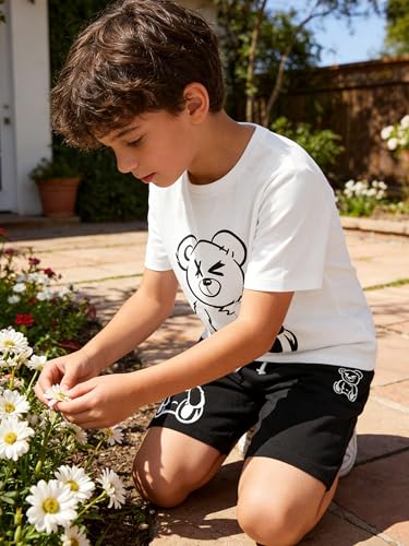Image of KIDLAGA Kids Toddler Boy Clothes Outfits Bear Print Tee + Plaid Shorts 2 Pieces Summer Shorts Set