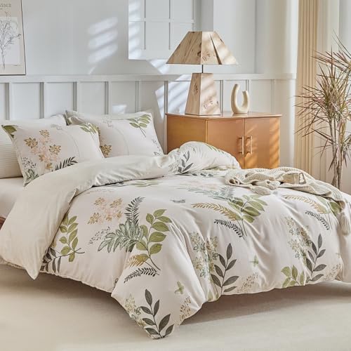 Image of Lekesky King Size Reversible Duvet Cover, Duvet Cover King Size 3 Piece Green Leaf Microfiber Botanical Bedding Set with Zipper Closure 8 Corner Ties