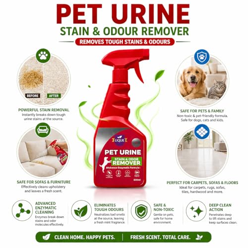 Image of LIQUE Pet Urine Stain & Odour Remover Spray - Eliminates Tough Pet Odours & Stains - Safe for Dogs & Cats - For Floors, Carpets & Furniture - 500 ml