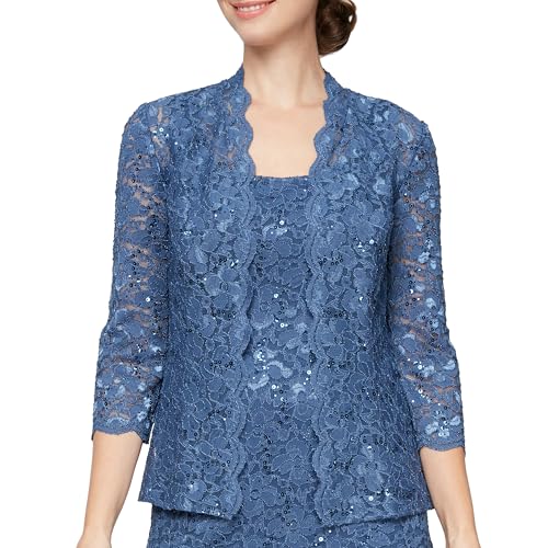Image of S.L. Fashions Women's Tea Length Sequin Lace Mother of The Bride Dress with Illusion Sleeve Jacket